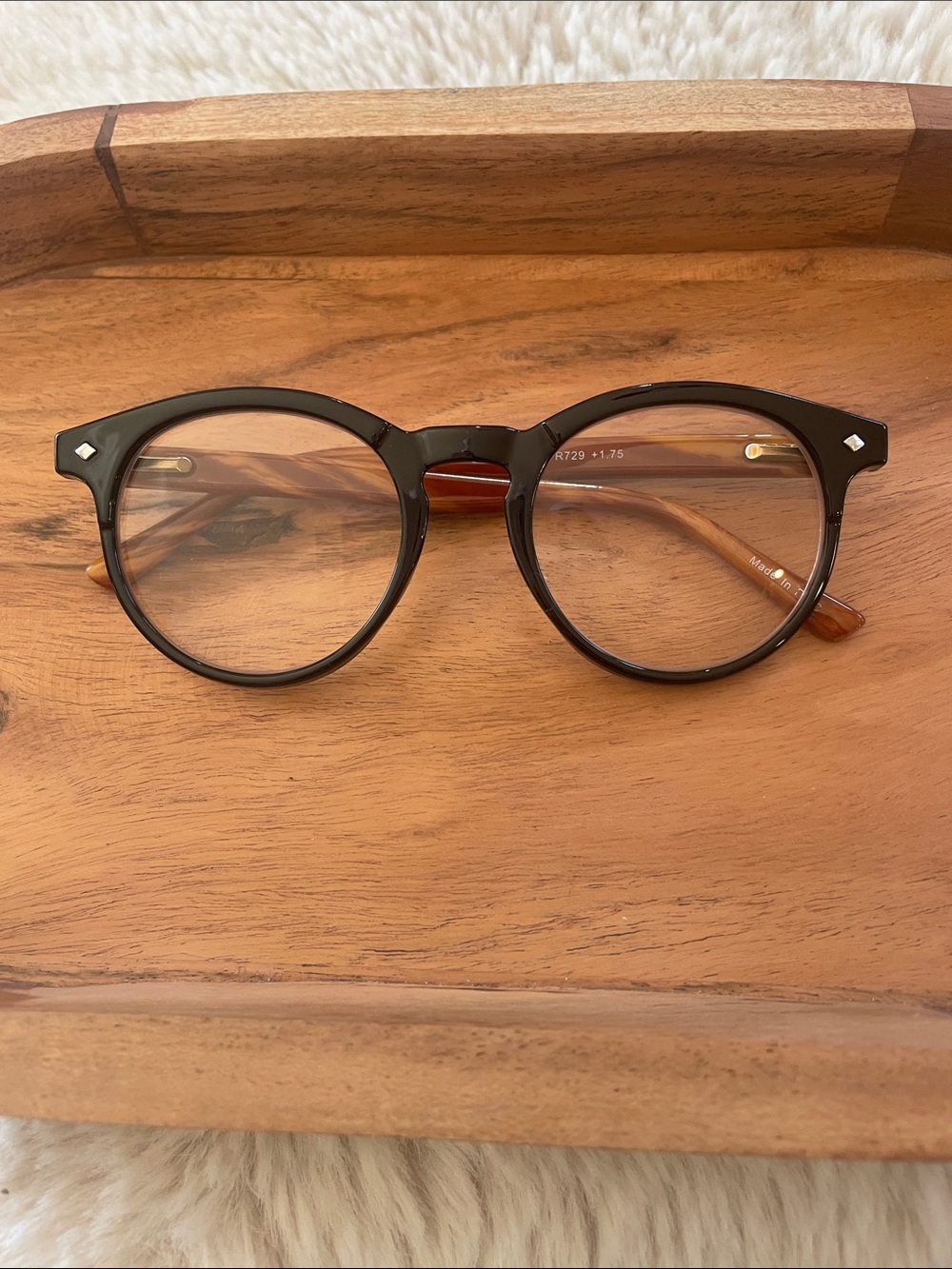 Round Reader Glasses Black/Simulated Wood Grain +1.75